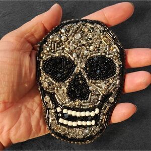 Murka Designer's Hand Beaded Skull Brooch - Black and Silver Large